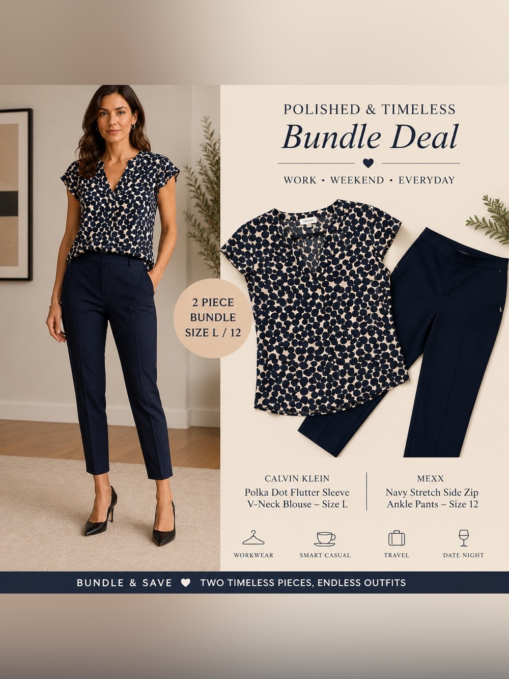 Calvin Klein Polka Dot Blouse L  + Mexx Navy Pants 12 Bundle Career Travel Chic
